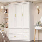 Armoire blanche Hitow, garde-robe moderne minimaliste, motifs à lignes, accessoires dorés