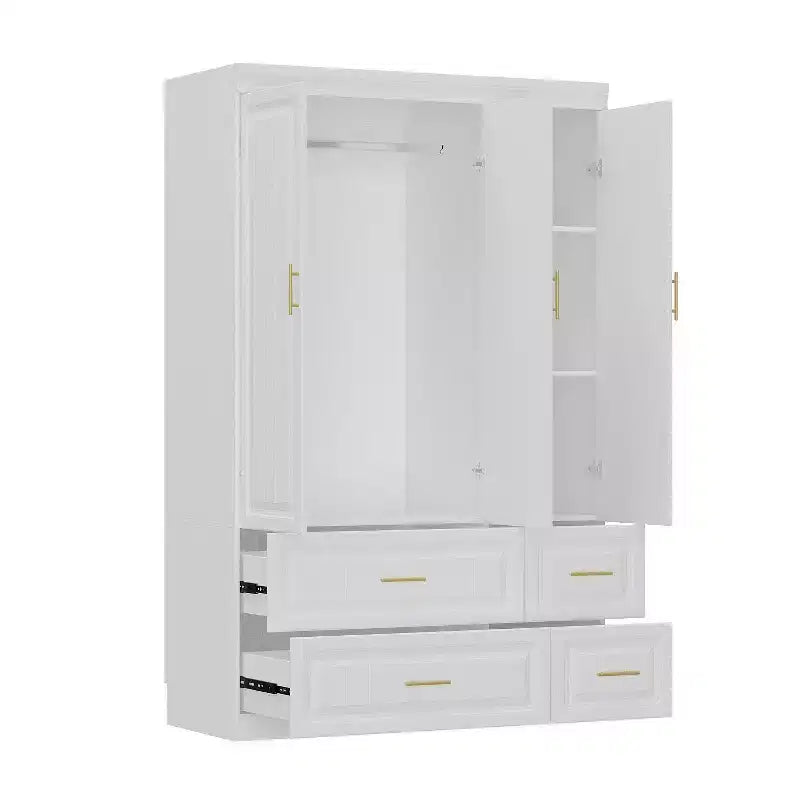 Armoire blanche Hitow, garde-robe moderne minimaliste, motifs à lignes, accessoires dorés