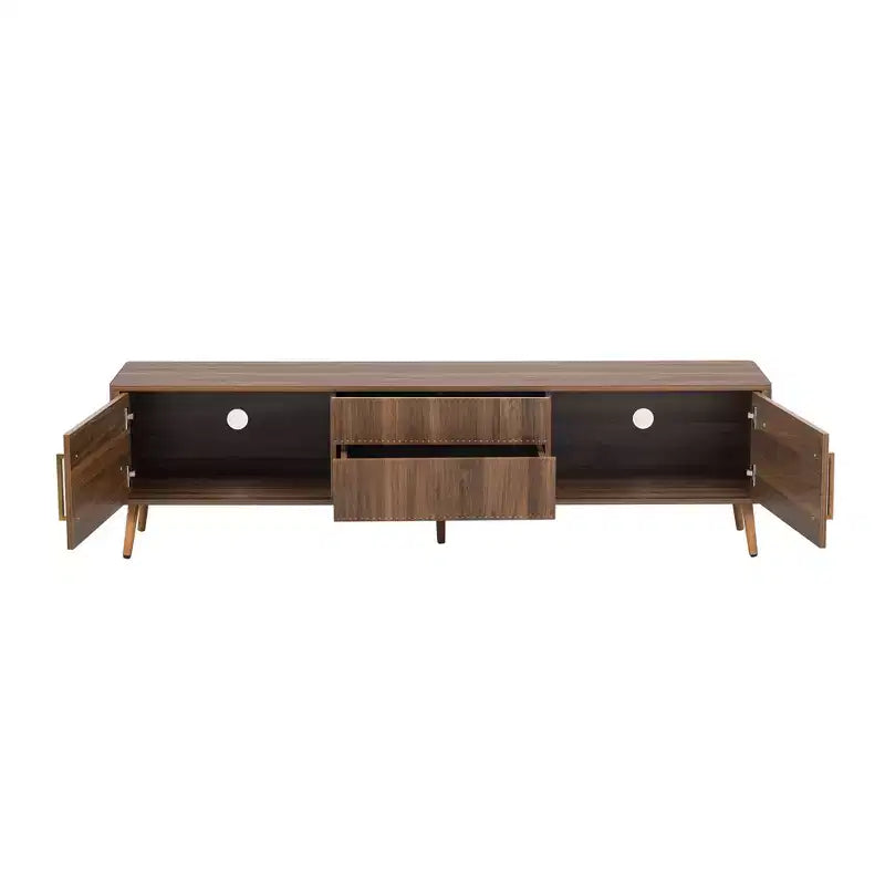 Meuble TV Mid-Century avec 2 tiroirs, console média pour TV jusqu'à 80'', centre de divertissement avec rangement, noyer - ModernLuxe