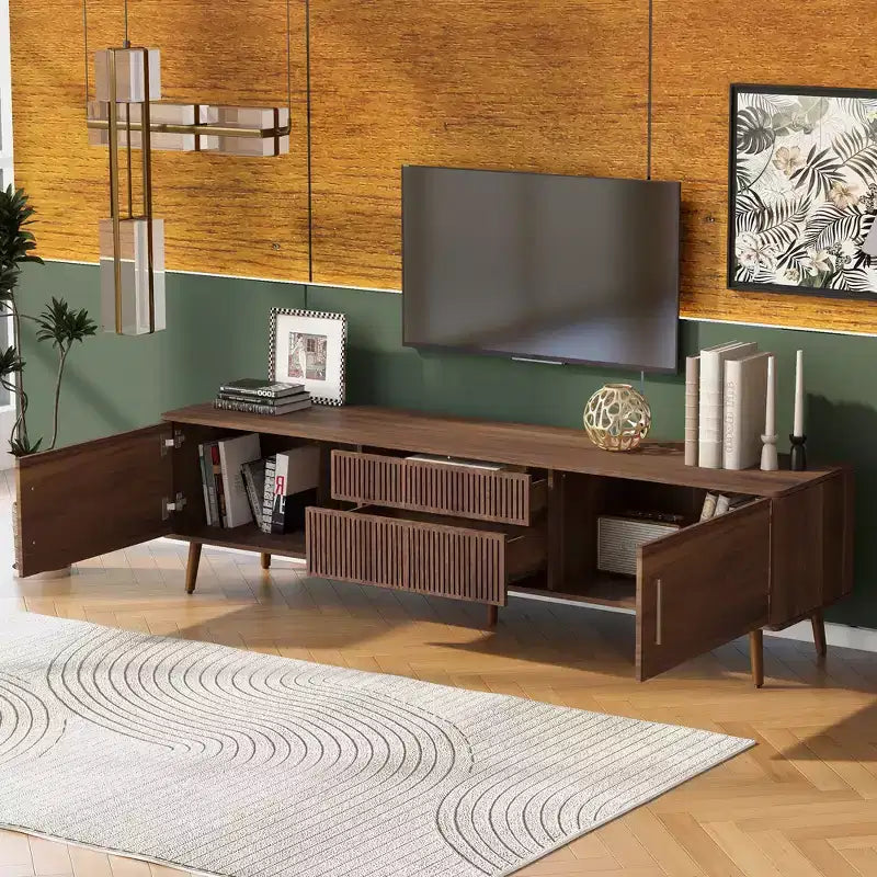Meuble TV Mid-Century avec 2 tiroirs, console média pour TV jusqu'à 80'', centre de divertissement avec rangement, noyer - ModernLuxe