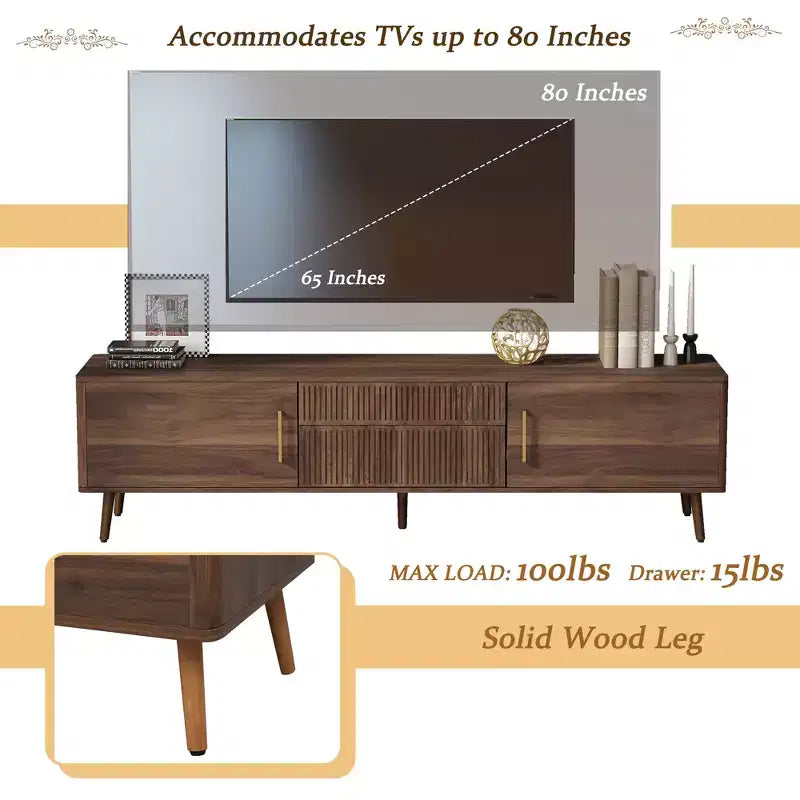 Meuble TV Mid-Century avec 2 tiroirs, console média pour TV jusqu'à 80'', centre de divertissement avec rangement, noyer - ModernLuxe