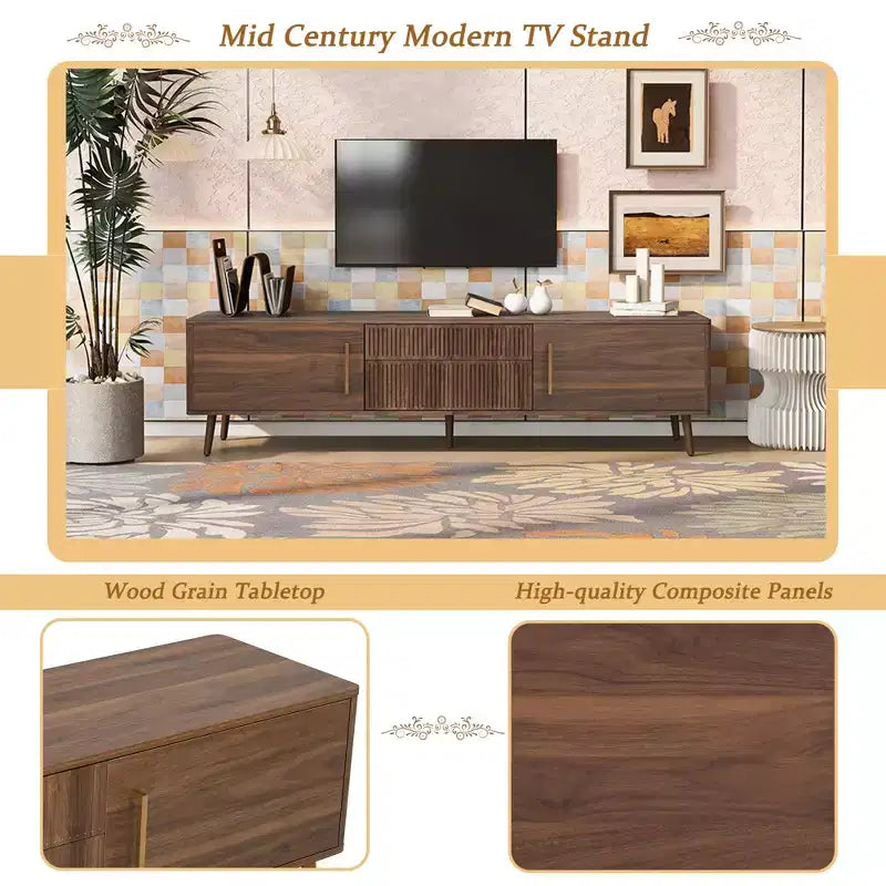 Meuble TV Mid-Century avec 2 tiroirs, console média pour TV jusqu'à 80'', centre de divertissement avec rangement, noyer - ModernLuxe