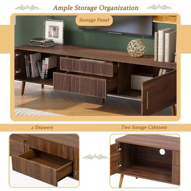 Meuble TV Mid-Century avec 2 tiroirs, console média pour TV jusqu'à 80'', centre de divertissement avec rangement, noyer - ModernLuxe