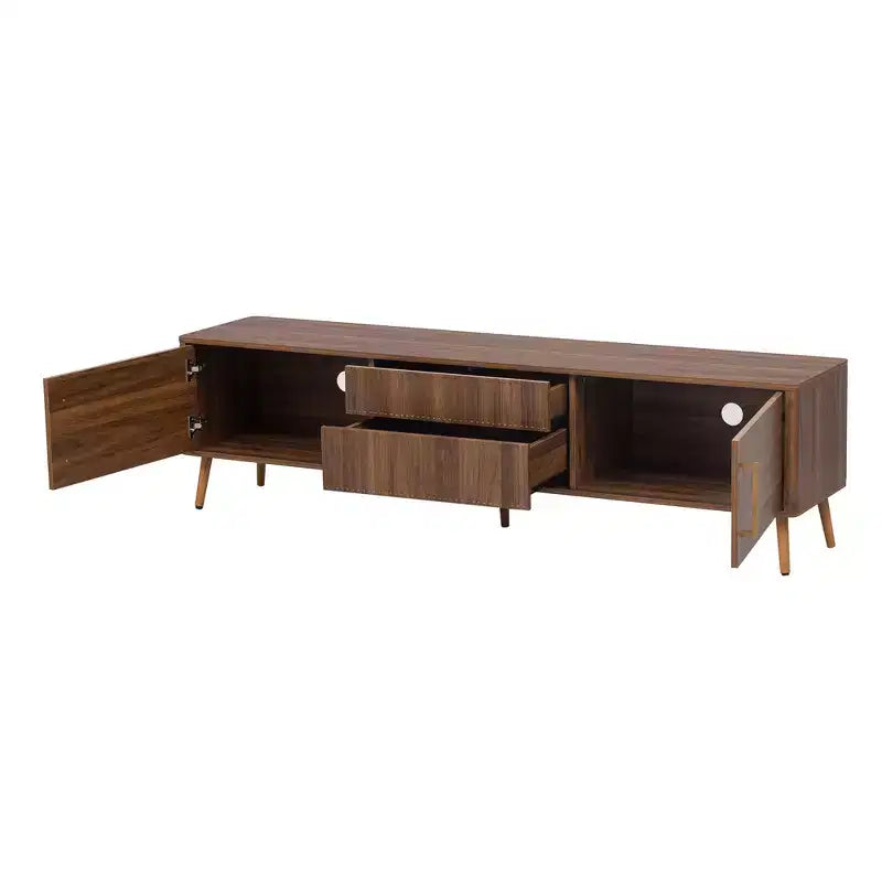 Meuble TV Mid-Century avec 2 tiroirs, console média pour TV jusqu'à 80'', centre de divertissement avec rangement, noyer - ModernLuxe