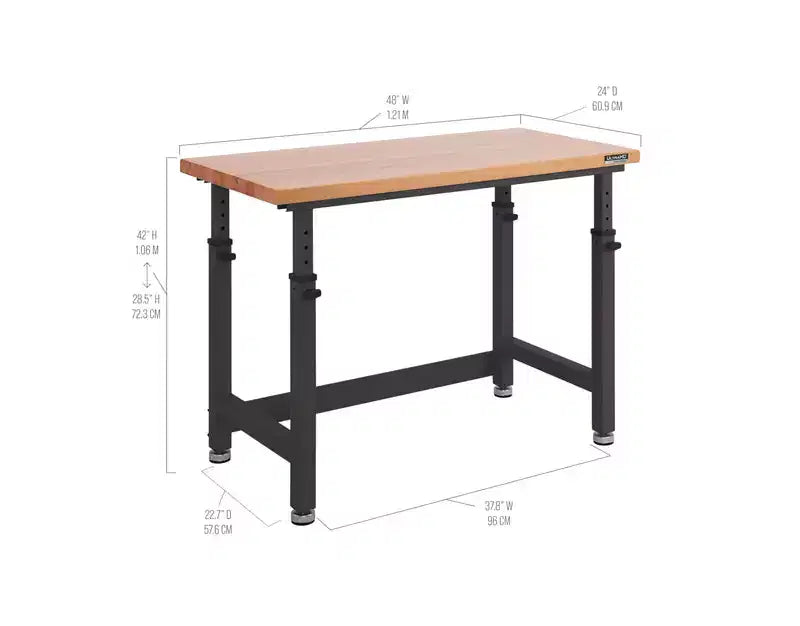 Table d'établi robuste UltraHD de Seville Classics avec plateau en bois, 48 po L x 24 po P x 28 à 42 po H