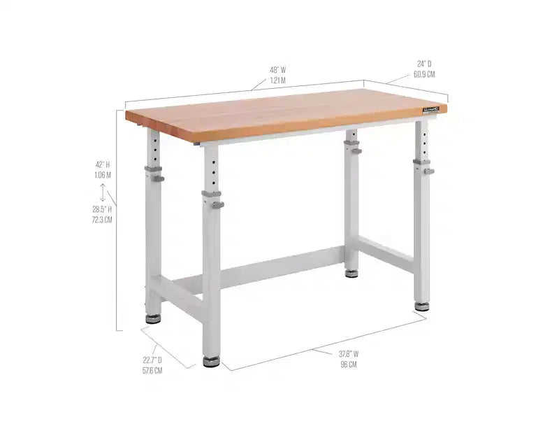 Table d'établi robuste UltraHD de Seville Classics avec plateau en bois, 48 po L x 24 po P x 28 à 42 po H