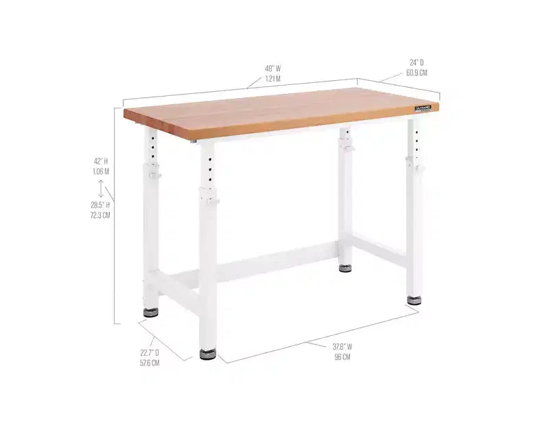 Table d'établi robuste UltraHD de Seville Classics avec plateau en bois, 48 po L x 24 po P x 28 à 42 po H