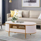 Table basse moderne de luxe cannelée, table basse de 48 pouces avec tiroir de rangement, table basse ovale avec pieds dorés, plateau en faux marbre