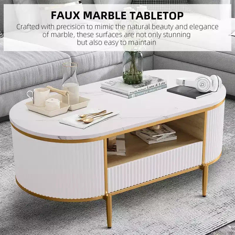 Table basse moderne de luxe cannelée, table basse de 48 pouces avec tiroir de rangement, table basse ovale avec pieds dorés, plateau en faux marbre