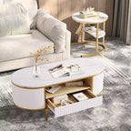 Table basse moderne de luxe cannelée, table basse de 48 pouces avec tiroir de rangement, table basse ovale avec pieds dorés, plateau en faux marbre