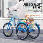 VEVOR Tricycle pliant adulte, Tricycle pliant adulte 24 pouces 7 vitesses, Vélo à 3 roues en acier au carbone avec panier et siège réglable