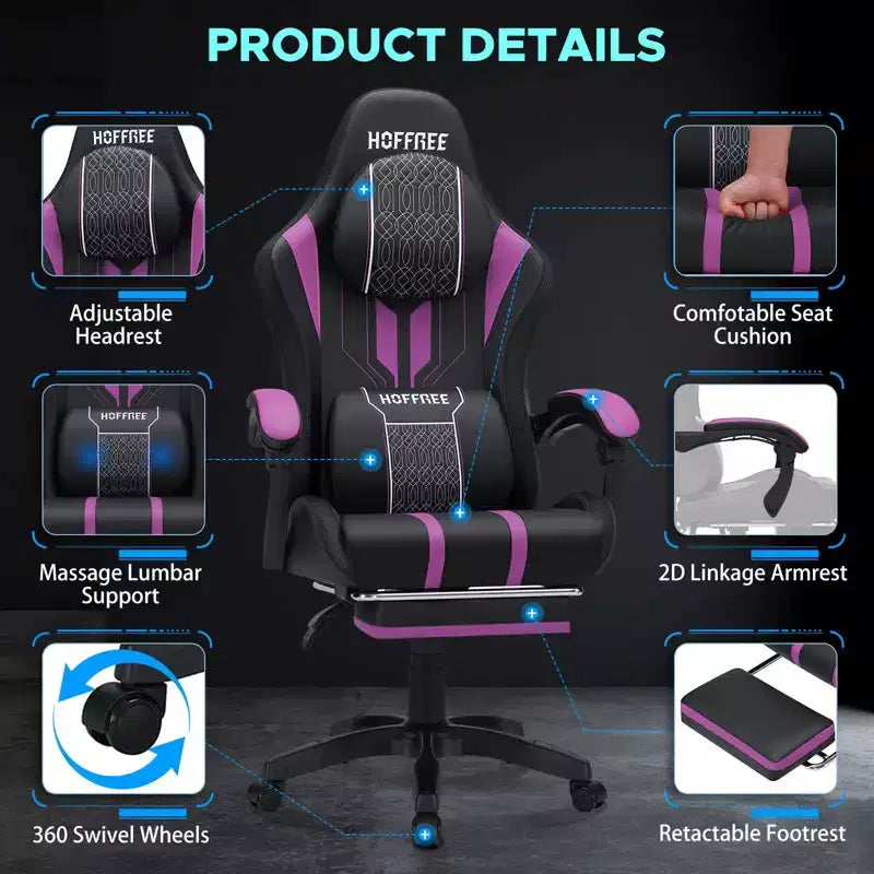 Fauteuil de massage et de jeu extra-large Hoffree, Fauteuil de bureau ergonomique pour PC avec repose-pieds et réglable