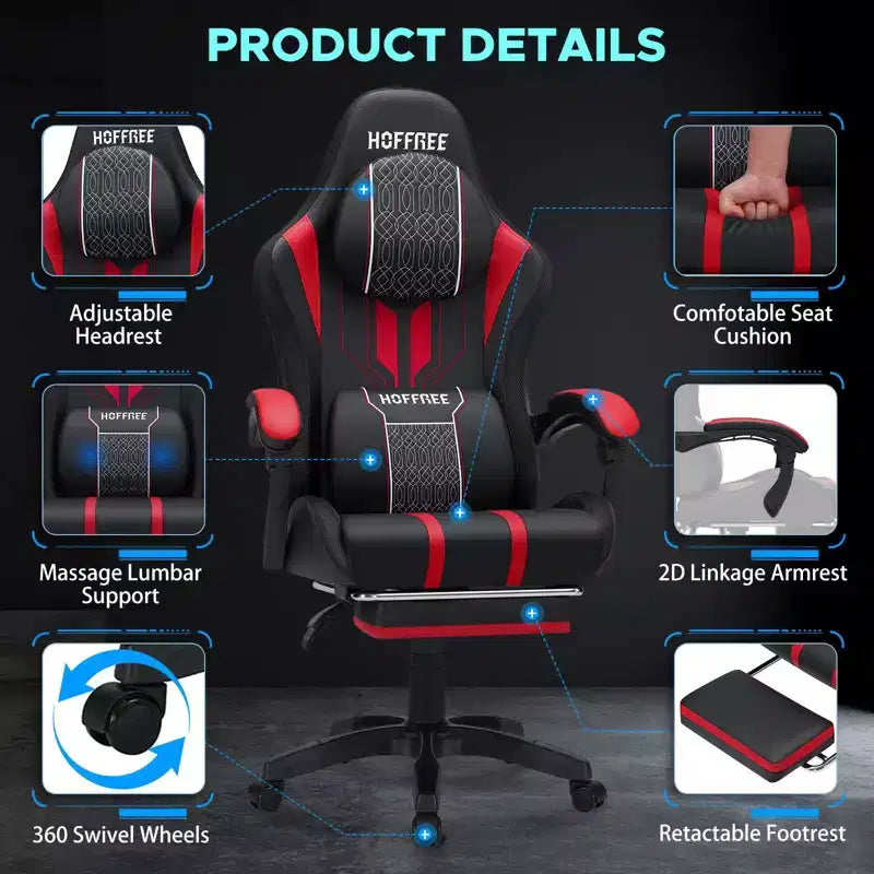 Fauteuil de massage et de jeu extra-large Hoffree, Fauteuil de bureau ergonomique pour PC avec repose-pieds et réglable