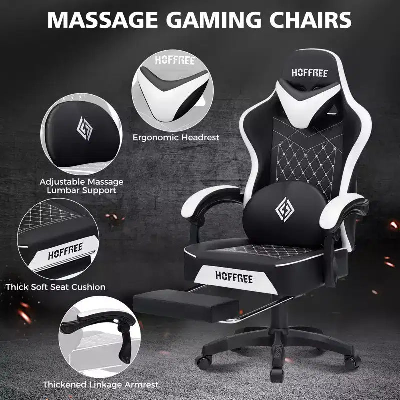 Fauteuil de jeu de massage en cuir Hoffree, chaise de bureau ergonomique pour PC avec repose-pieds et réglable