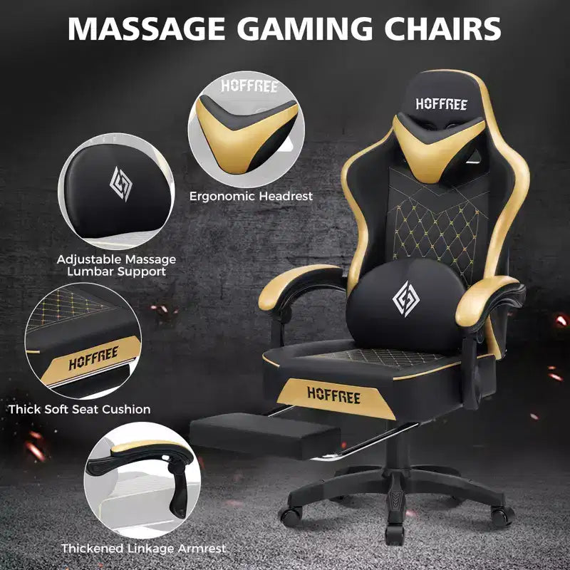 Fauteuil de jeu de massage en cuir Hoffree, chaise de bureau ergonomique pour PC avec repose-pieds et réglable