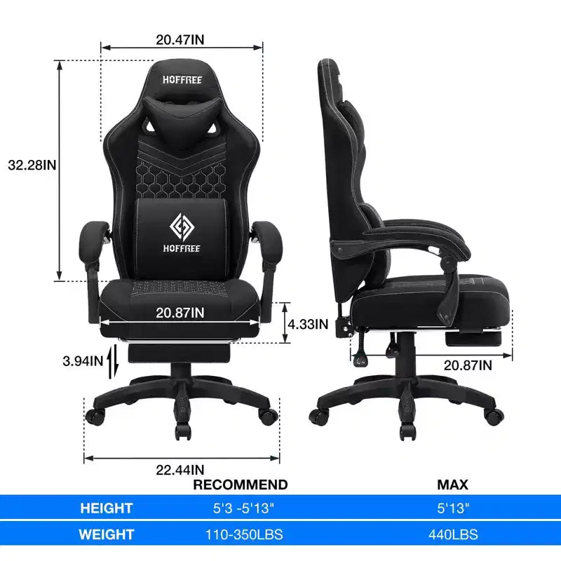 Chaise de jeu massante Hoffree en tissu respirant Chaise de bureau PC ergonomique avec repose-pieds et réglable