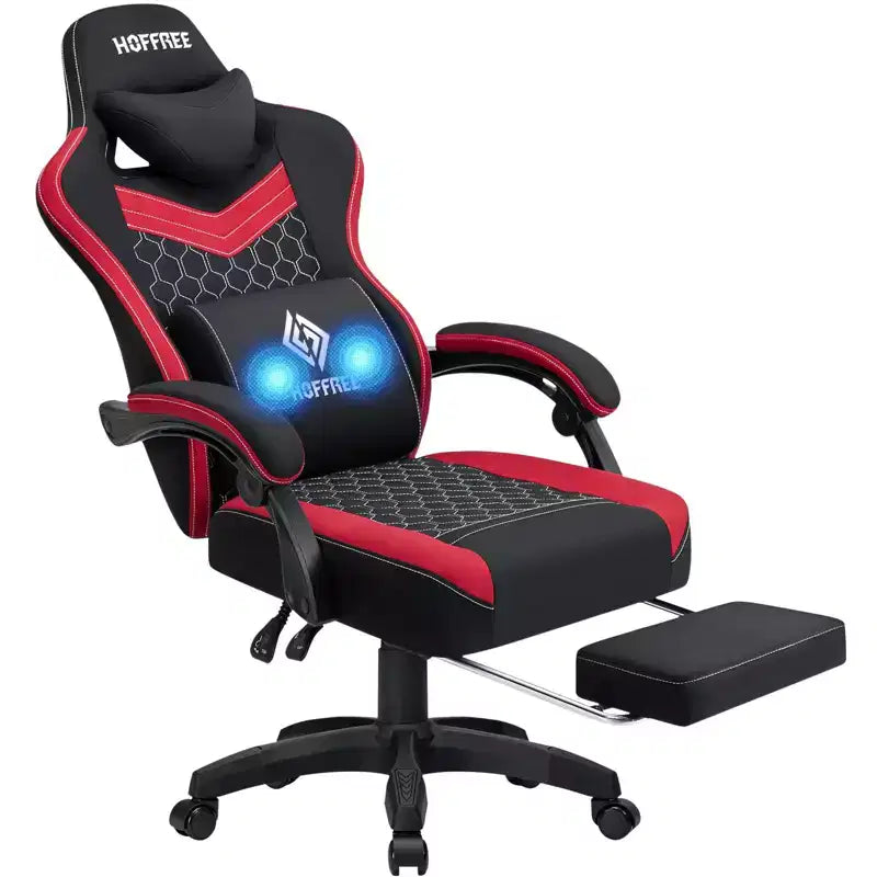 Chaise de jeu massante Hoffree en tissu respirant Chaise de bureau PC ergonomique avec repose-pieds et réglable
