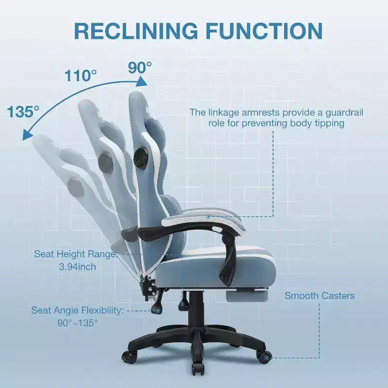 Hoffree Chaise de massage de jeu en tissu respirant Chaise de bureau PC ergonomique avec haut-parleur Bluetooth et repose-pieds
