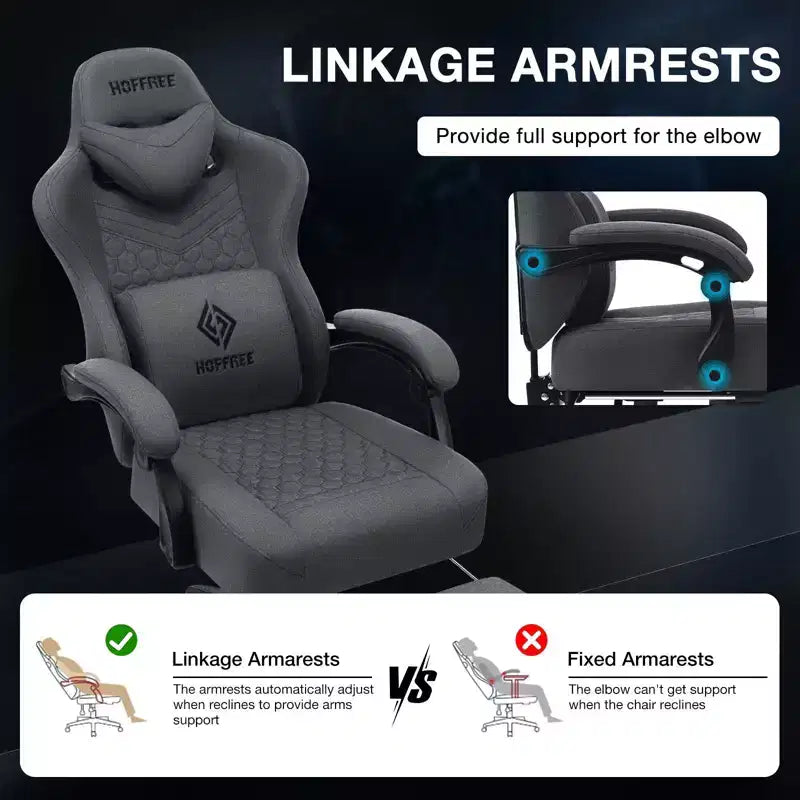 Hoffree Chaise de massage de jeu en tissu respirant Chaise de bureau PC ergonomique avec haut-parleur Bluetooth et repose-pieds