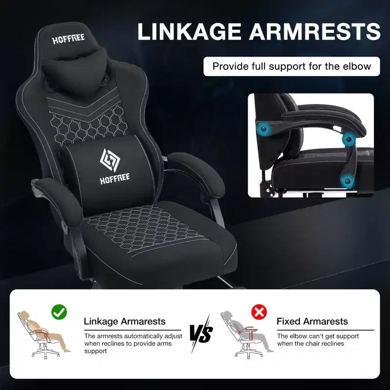 Hoffree Chaise de massage de jeu en tissu respirant Chaise de bureau PC ergonomique avec haut-parleur Bluetooth et repose-pieds