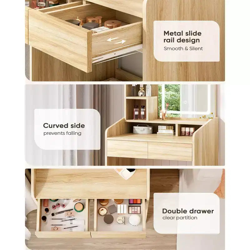 Coiffeuse avec miroir carré et éclairage - Petite table de maquillage avec chaises