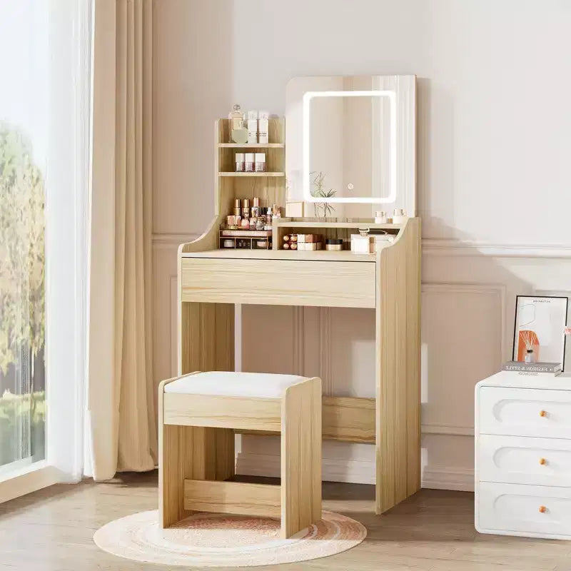 Coiffeuse avec miroir carré et éclairage - Petite table de maquillage avec chaises