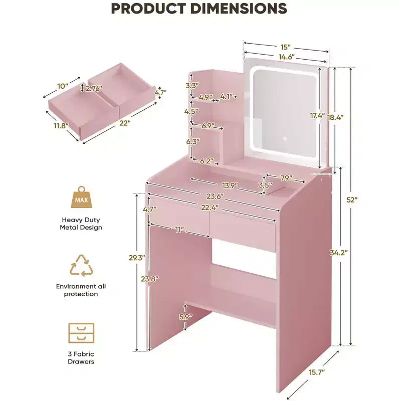 Coiffeuse avec miroir carré et éclairage - Petite table de maquillage avec chaises