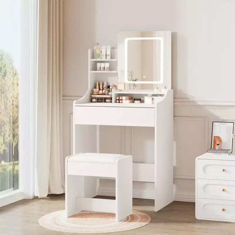 Coiffeuse avec miroir carré et éclairage - Petite table de maquillage avec chaises