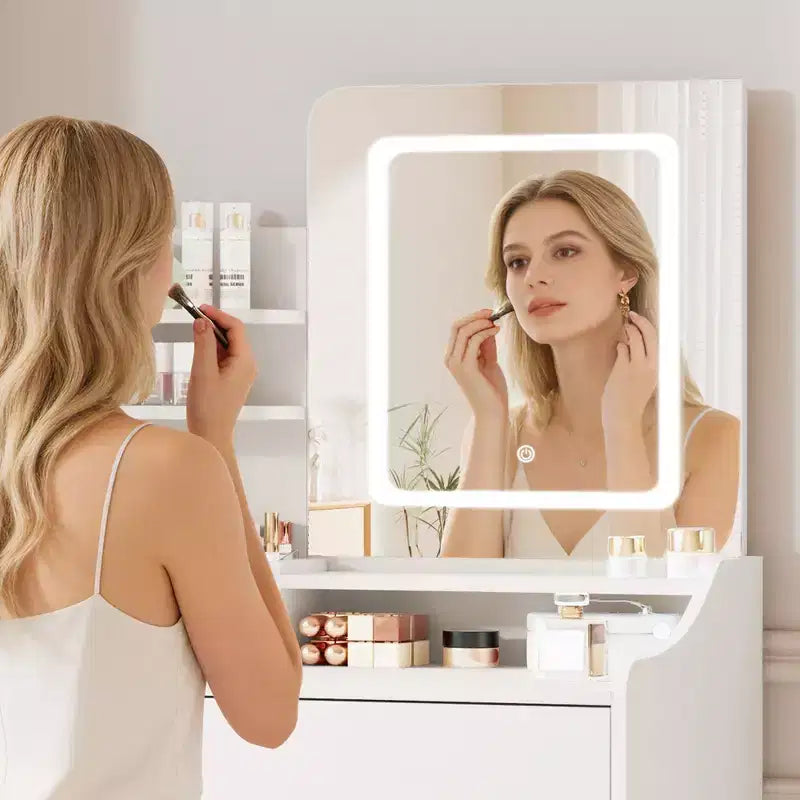 Coiffeuse avec miroir carré et éclairage - Petite table de maquillage avec chaises