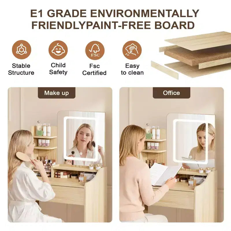 Coiffeuse avec miroir carré et éclairage - Petite table de maquillage avec chaises