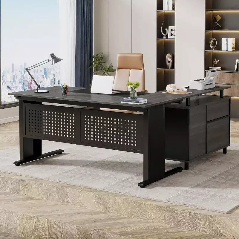 Bureau de direction Lantine de 160 cm avec classeur, grand bureau d'ordinateur en L avec étagères de rangement