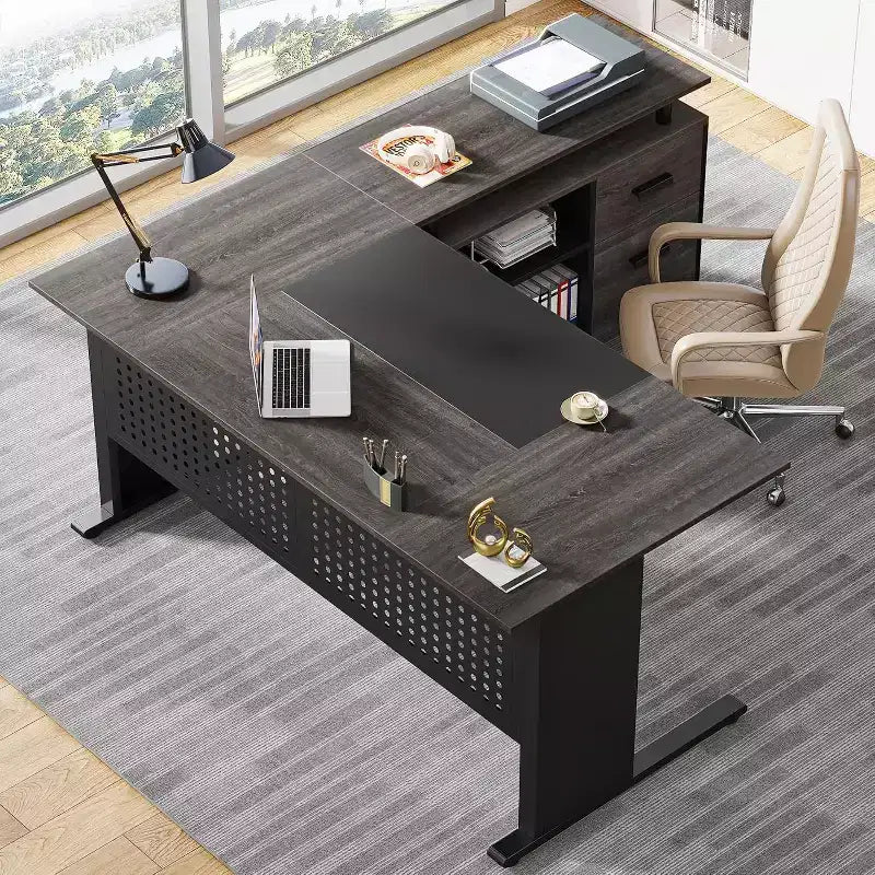 Bureau de direction Lantine de 160 cm avec classeur, grand bureau d'ordinateur en L avec étagères de rangement