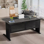 Bureau de direction Lantine de 160 cm avec classeur, grand bureau d'ordinateur en L avec étagères de rangement