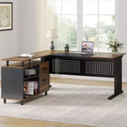 Bureau de direction Lantine de 160 cm avec classeur, grand bureau d'ordinateur en L avec étagères de rangement