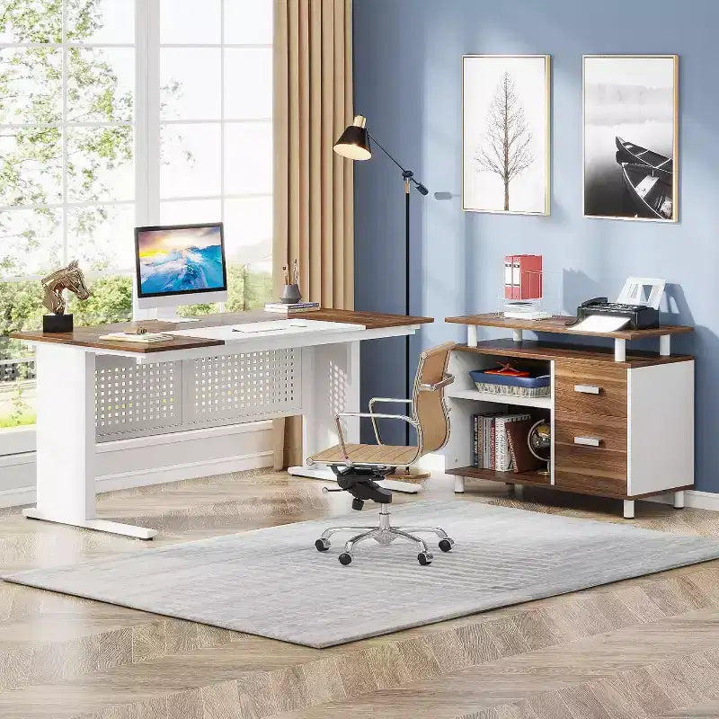 Bureau de direction Lantine de 160 cm avec classeur, grand bureau d'ordinateur en L avec étagères de rangement