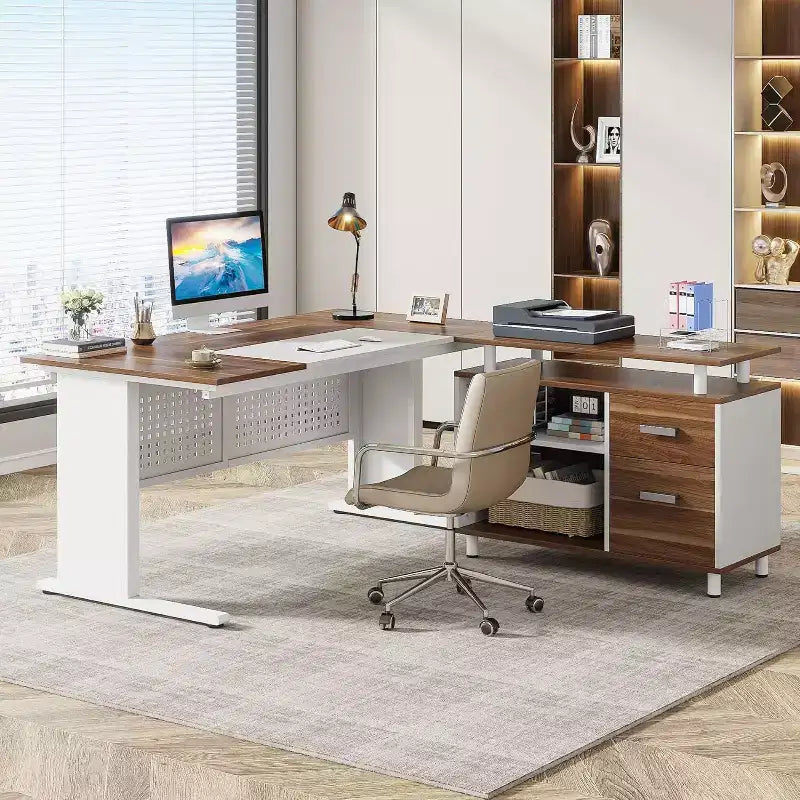 Bureau de direction Lantine de 160 cm avec classeur, grand bureau d'ordinateur en L avec étagères de rangement