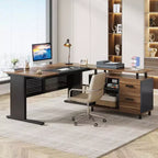 Bureau de direction Lantine de 160 cm avec classeur, grand bureau d'ordinateur en L avec étagères de rangement