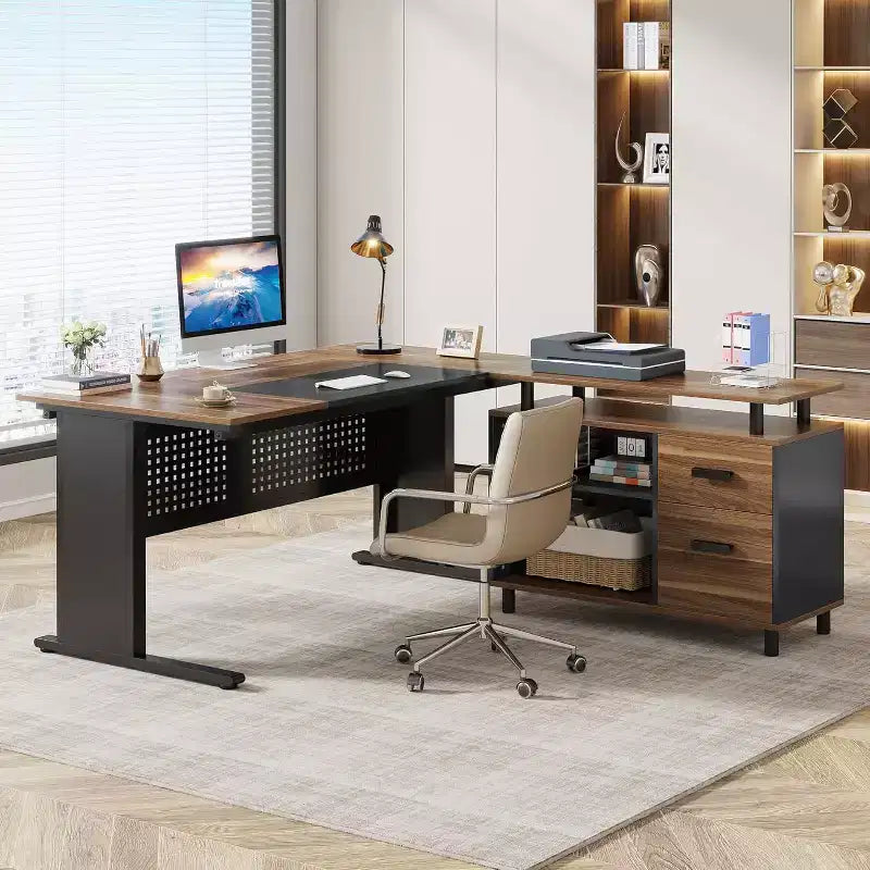 Bureau de direction Lantine de 160 cm avec classeur, grand bureau d'ordinateur en L avec étagères de rangement