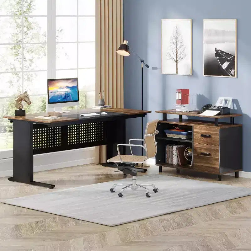 Bureau de direction Lantine de 160 cm avec classeur, grand bureau d'ordinateur en L avec étagères de rangement