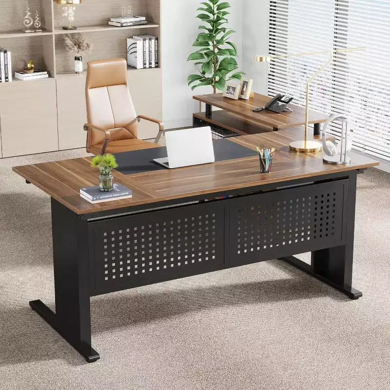 Bureau de direction Lantine de 160 cm avec classeur, grand bureau d'ordinateur en L avec étagères de rangement