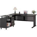 Lantine 62.99 Inch Executive Desk with File Cabinet, Large Office Desk L Shaped Computer Desk with Storage Shelves