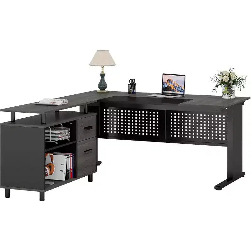 Lantine 62.99 Inch Executive Desk with File Cabinet, Large Office Desk L Shaped Computer Desk with Storage Shelves