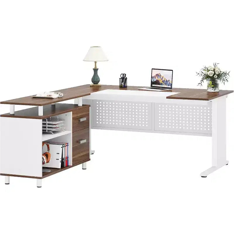Bureau de direction Lantine de 160 cm avec classeur, grand bureau d'ordinateur en L avec étagères de rangement