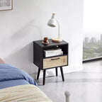 MAYEERTY Table d'appoint en rotin avec tiroir et pieds en bois massif, table de chevet pour salon, chambre, noir