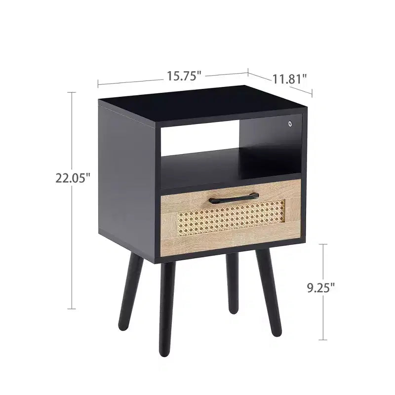 MAYEERTY Table d'appoint en rotin avec tiroir et pieds en bois massif, table de chevet pour salon, chambre, noir