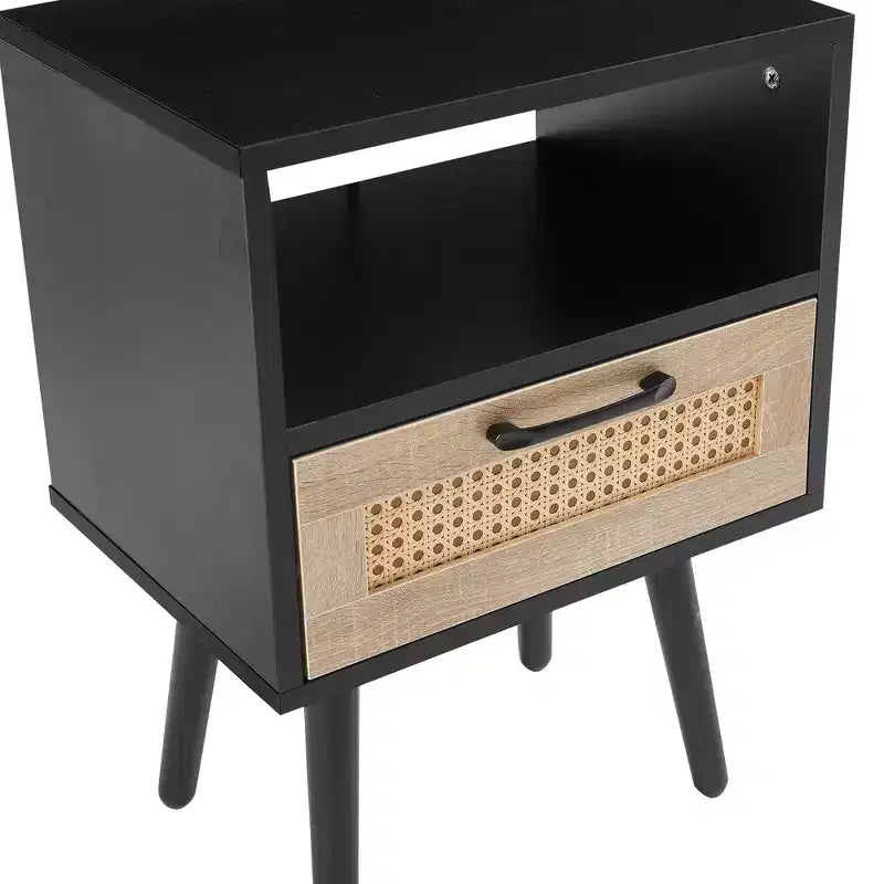 MAYEERTY Table d'appoint en rotin avec tiroir et pieds en bois massif, table de chevet pour salon, chambre, noir