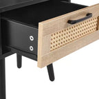 MAYEERTY Table d'appoint en rotin avec tiroir et pieds en bois massif, table de chevet pour salon, chambre, noir