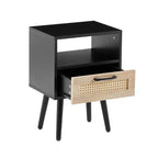 MAYEERTY Table d'appoint en rotin avec tiroir et pieds en bois massif, table de chevet pour salon, chambre, noir