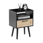 MAYEERTY Table d'appoint en rotin avec tiroir et pieds en bois massif, table de chevet pour salon, chambre, noir