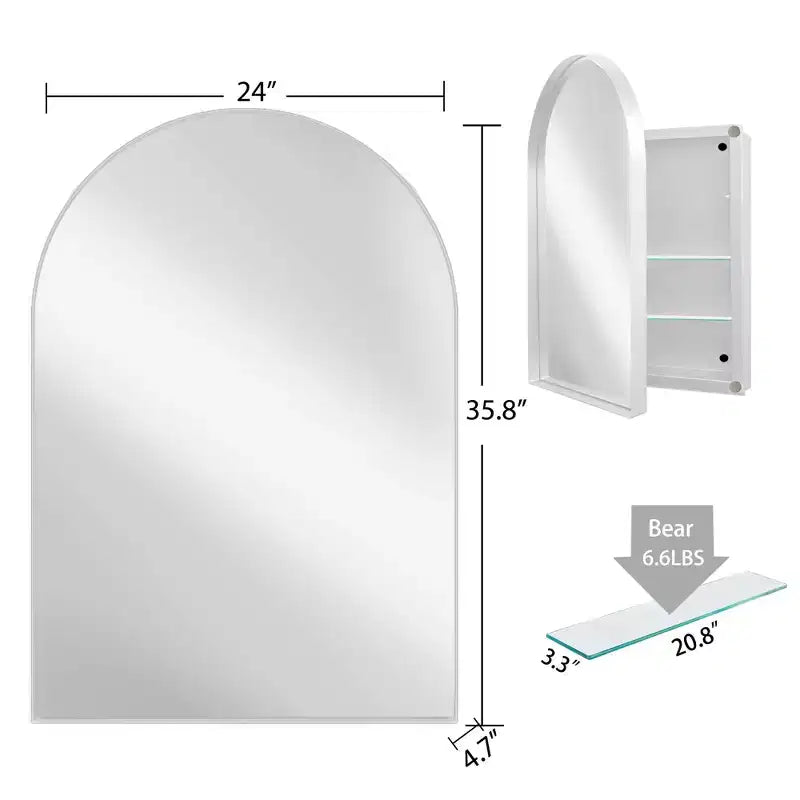 Armoire à pharmacie encastrée arquée 24x36, cadre métallique, étagères réglables, blanc